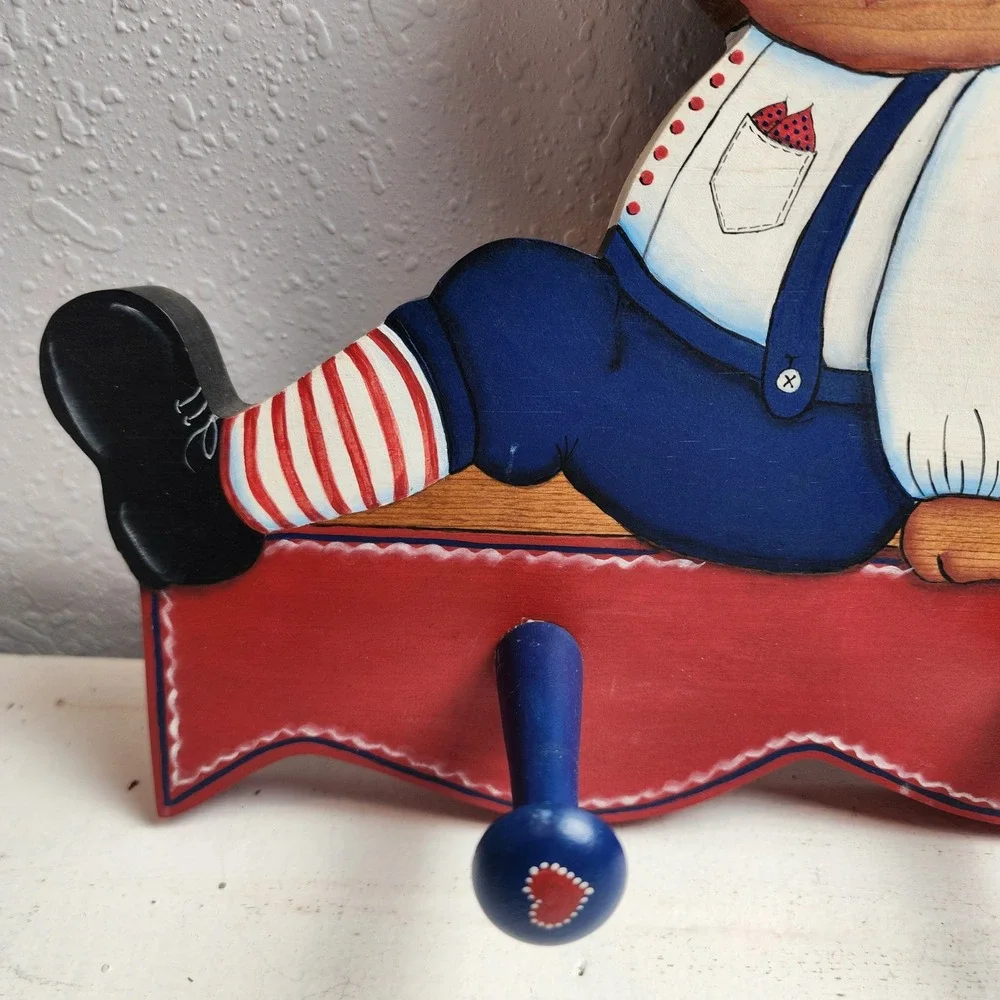 Vintage Wooden Raggedy Ann & Andy Wall Hanger Shelf Red Blue Hearts Rustic Decor